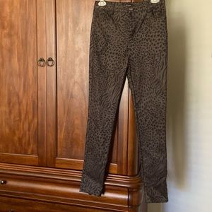 Shiny, stretch jean pant in brown animal print, Sz medium